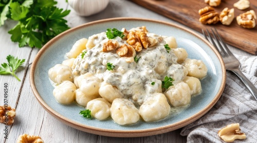 A plate of gnocchi with a rich gorgonzola sauce, garnished with walnuts and fresh parsley.