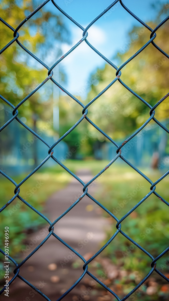 Blurred pathway behind chain link fence with lush greenery and blue sky Blurred pathway behind chain link fence with lush greenery and blue sky