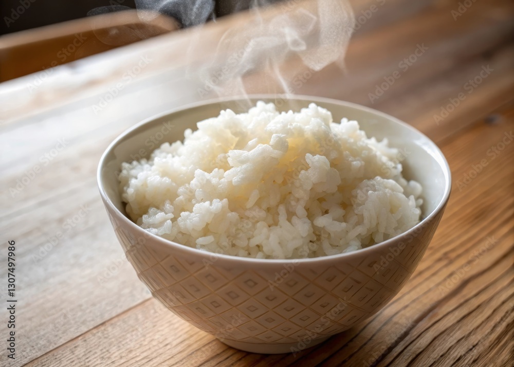 Steaming bowl of rice kitchen table food image cozy home setting close-up view culinary delight Steaming bowl of rice kitchen table food image cozy home setting close-up view culinary delight