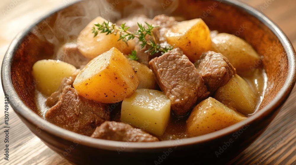 A steaming bowl of Japanese nikujaga, a comforting dish with simmered beef and potatoes. A steaming bowl of Japanese nikujaga, a comforting dish with simmered beef and potatoes.