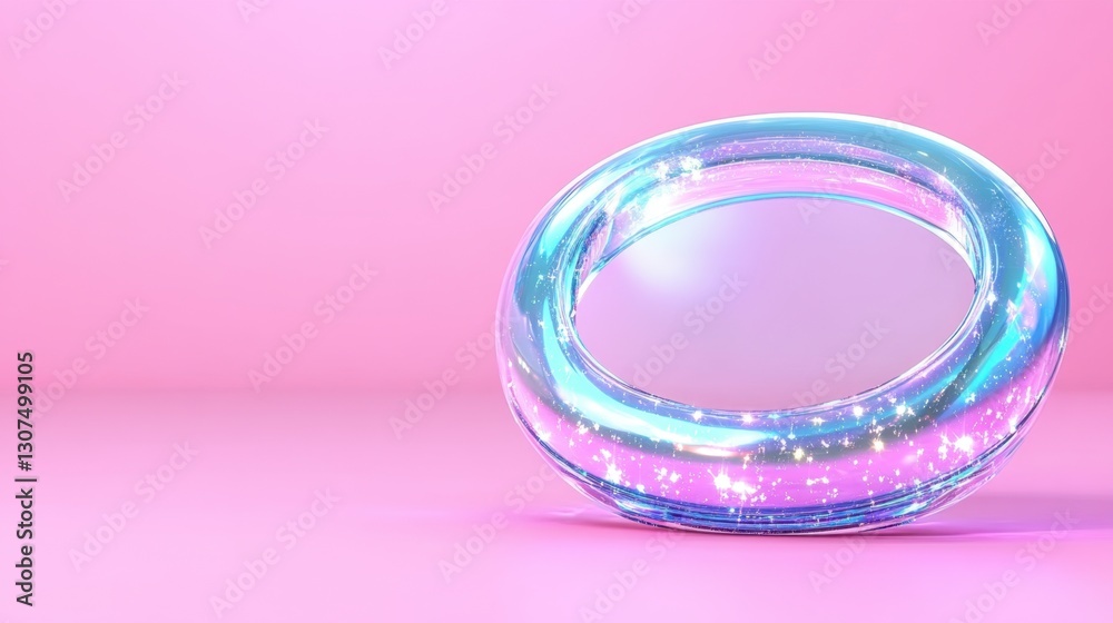 Abstract iridescent ring on pink background. Shimmering, translucent oval shape with subtle light reflections. Minimalist 3D render. Abstract iridescent ring on pink background. Shimmering, translucent oval shape with subtle light reflections. Minimalist 3D render.