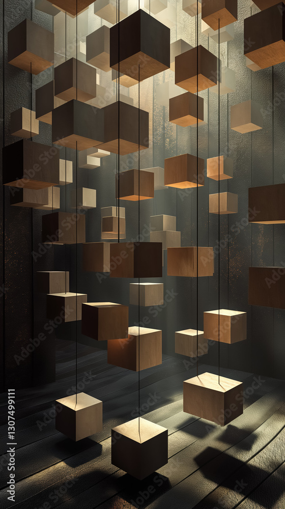 Abstract wooden cube installation with dramatic lighting in a dark room Abstract wooden cube installation with dramatic lighting in a dark room