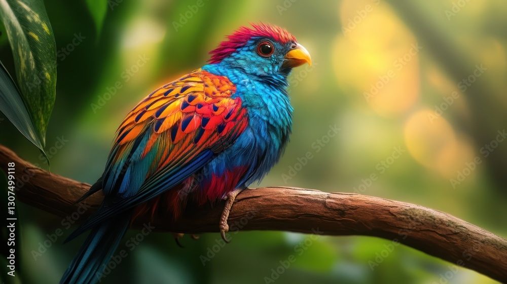 Fototapeta premium Colorful bird resting on branch in lush green tropical jungle, sunlit backdrop