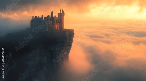 Majestic castle perched on a clifftop, shrouded in mist during a vibrant sunset.