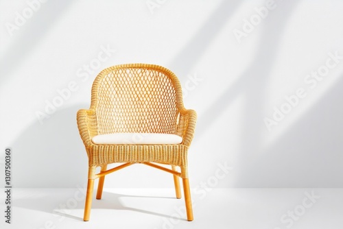 capture elegant wicker chair positioned centrally on seamless white backdrop for timeless aesthetic