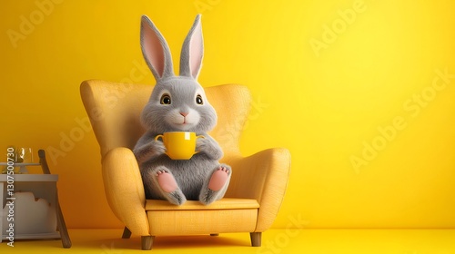 Cute bunny enjoys tea, armchair, yellow room