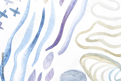 Abstract pastel watercolor painting with curved lines and geometric shapes on white background.