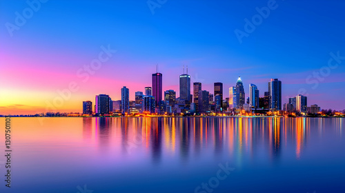 Vibrant City Skyline at Sunset with Water Reflection