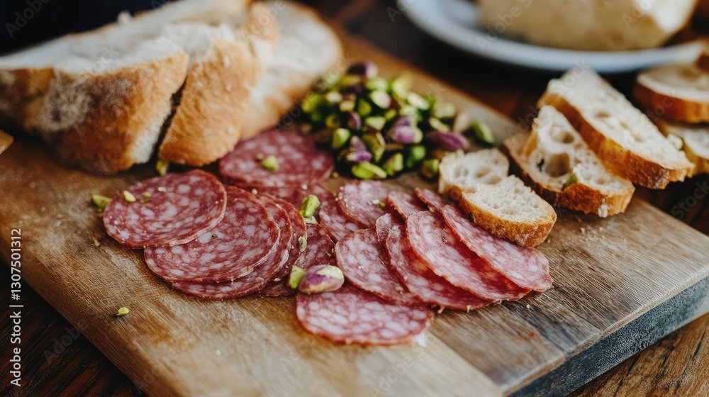 A wooden cutting board with freshly sliced mortadella, pistachios, and rustic bread. A wooden cutting board with freshly sliced mortadella, pistachios, and rustic bread.