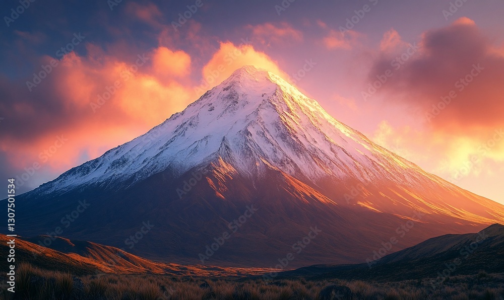 Majestic snow-capped peak at sunrise, dramatic clouds. Majestic snow-capped peak at sunrise, dramatic clouds.
