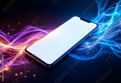 Angled Smartphone with Blank White Screen, Mobile Mockup - Abstract Glowing Waves