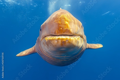 A sperm whale diving into the deep, its massive head and ridged back disappearing into darkness