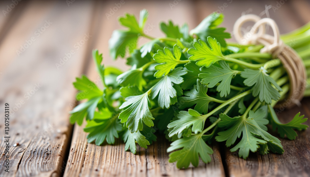 Fresh cilantro bundle displayed on rustic wooden table, culinary delight Fresh cilantro bundle displayed on rustic wooden table, culinary delight