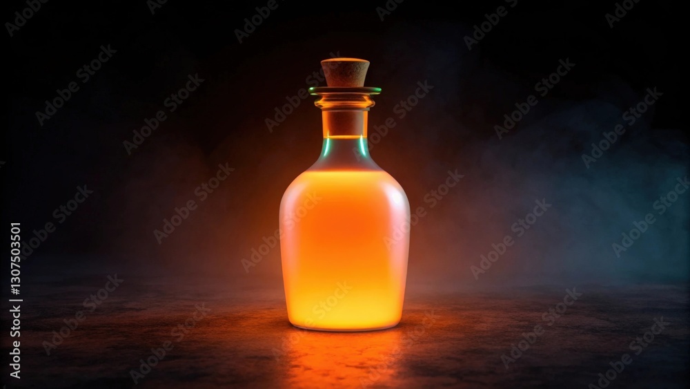 a close-up of a mysterious potion bottle with glowing liquid inside, set against a dark backdrop a close-up of a mysterious potion bottle with glowing liquid inside, set against a dark backdrop