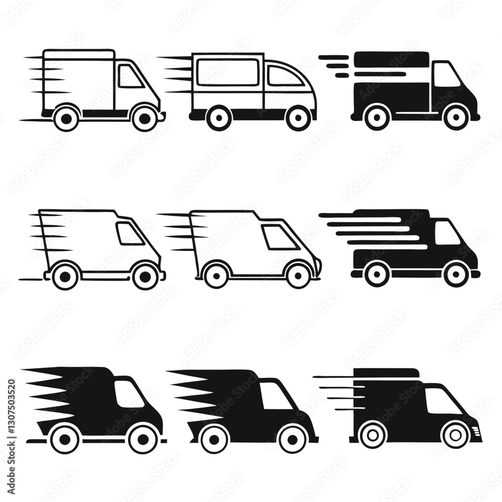 Black Silhouette Fast Delivery Truck Icons Set – Express Shipping, Courier Service, Logistics, 24-Hour Freight, and Transportation Symbols
Black Silhouette Fast Delivery Truck Icons Set – Express Shipping, Courier Service, Logistics, 24-Hour Freight, and Transportation Symbols