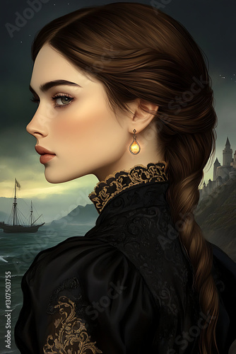 Girl with a captivating profile near a vintage ship and castle background with copy space