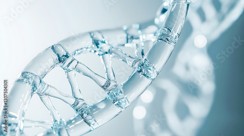 Close-up of a transparent DNA double helix structure, showcasing the intricate details of the molecular bonds and the helical twist.