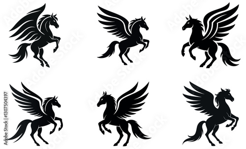 Wallpaper Mural A set of six stylized black silhouettes of Pegasus, the winged horse. Torontodigital.ca