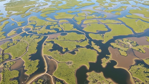 Aerial view of green wetlands with winding water channels and marshland.  