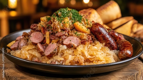A plate of choucroute garnie with sauerkraut, sausages, and smoked pork, served in a rustic setting. photo