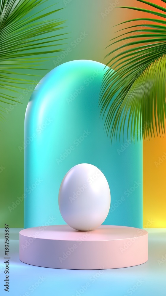 Fototapeta premium White sphere on pastel pink platform, teal arch background, tropical palm leaves. Smooth, minimalist 3D render with soft, gradient lighting.