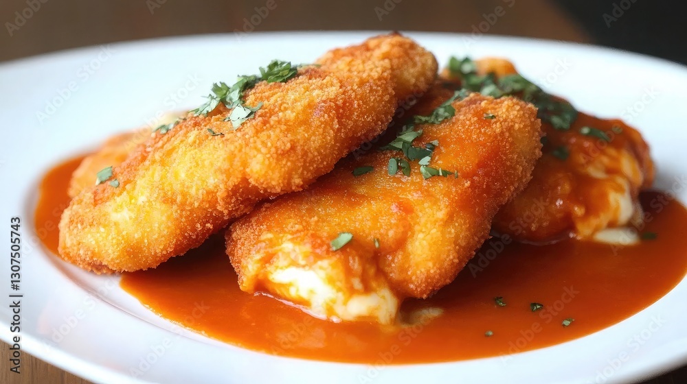 A plate of golden, crispy chiles rellenos stuffed with cheese and covered in a rich tomato sauce. A plate of golden, crispy chiles rellenos stuffed with cheese and covered in a rich tomato sauce.