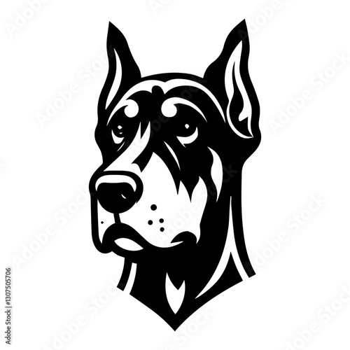 Doberman's head is a black and white simple logo. EPS vector graphics.