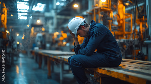 Exhausted engineer with hardhat sitting alone in industrial factory