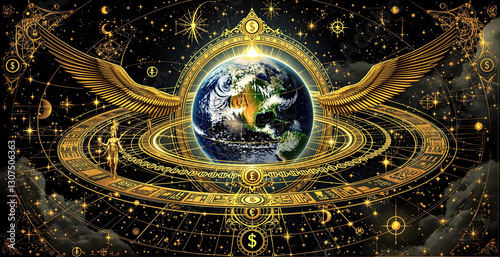 Wallpaper Mural Ornate Digital Earth Globe with Currency Symbols and Wings, Global Finance Torontodigital.ca