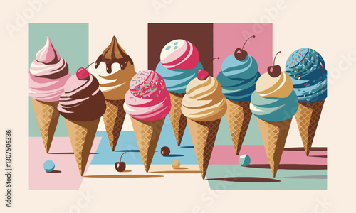 Modern vector-style illustration of various ice cream cones with different flavors, easily editable.