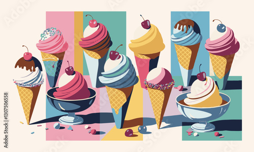 Modern vector-style illustration of various ice cream cones with different flavors, easily editable.