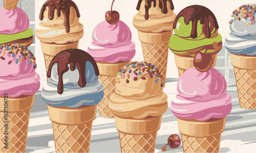 Modern vector-style illustration of various ice cream cones with different flavors, easily editable.