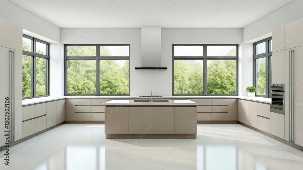 Fototapeta premium modern and spacious kitchen with large windows overlooking a beautiful green view, minimalist design