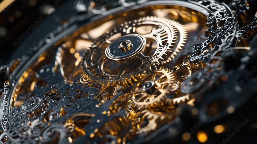 Detailed close-up view of intricate golden gears in a timepiece mechanism Detailed close-up view of intricate golden gears in a timepiece mechanism