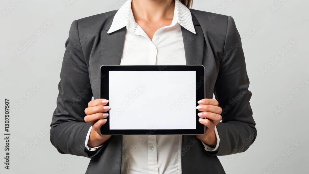 a business woman holding a blank tablet, showcasing a modern technology. The woman is in a professional outfit and the tablet screen is empty, ready for your content a business woman holding a blank tablet, showcasing a modern technology. The woman is in a professional outfit and the tablet screen is empty, ready for your content