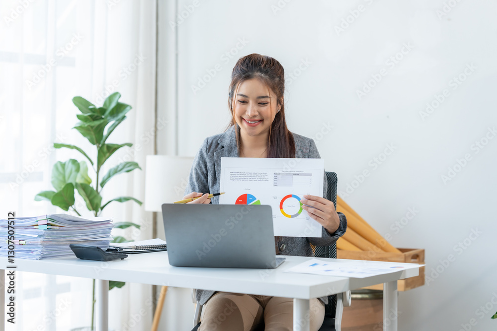 Virtual Presentation: A professional Asian woman is immersed in a video call, presenting business data analytics, displaying financial charts in a bright office setting.