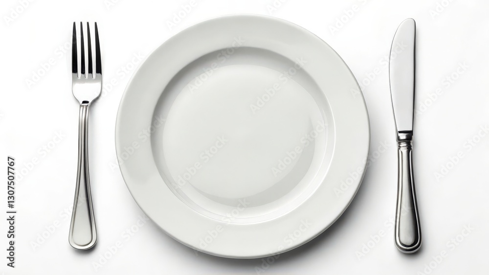 a minimalist table setting with a white plate, a fork, and a knife. The cutlery is laid out neatly, creating a sense of order and anticipation a minimalist table setting with a white plate, a fork, and a knife. The cutlery is laid out neatly, creating a sense of order and anticipation