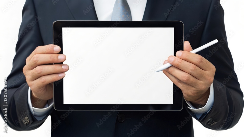 a businessman holding a tablet with stylus in front of him. Tablet is blank for your text, design or logo. You can add your own ideas. The man is wearing a suit a businessman holding a tablet with stylus in front of him. Tablet is blank for your text, design or logo. You can add your own ideas. The man is wearing a suit