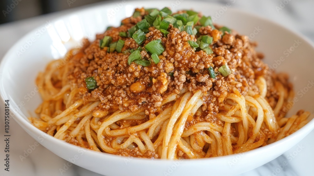 A serving of Sichuan dan dan noodles in a flavorful, spicy peanut sauce. A serving of Sichuan dan dan noodles in a flavorful, spicy peanut sauce.