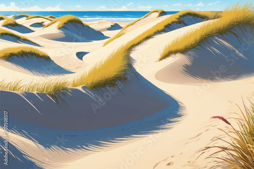 breathtaking sight of dunes adorned with vibrant beach grass, symbolizing steadfastness these plants bestow upon shifting sandy terrains and harmonious equilibrium they epitomize 