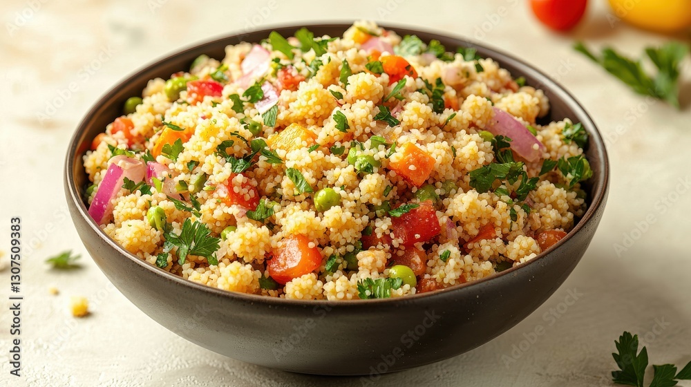 Colorful Couscous Salad in Dark Bowl on Light Background Colorful Couscous Salad in Dark Bowl on Light Background