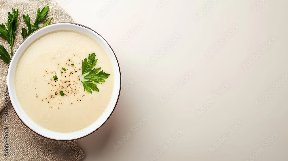 Creamy Cauliflower Soup in Bowl with Parsley Garnish on Beige Background Creamy Cauliflower Soup in Bowl with Parsley Garnish on Beige Background