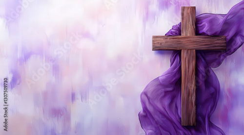 Wallpaper Mural Fondo religioso cristiano de tonos purpuras y marrones con una cruz de madera en el lado derecho rodeada de una tela morada. Concepto celebraciones religiosas, semana santa Torontodigital.ca