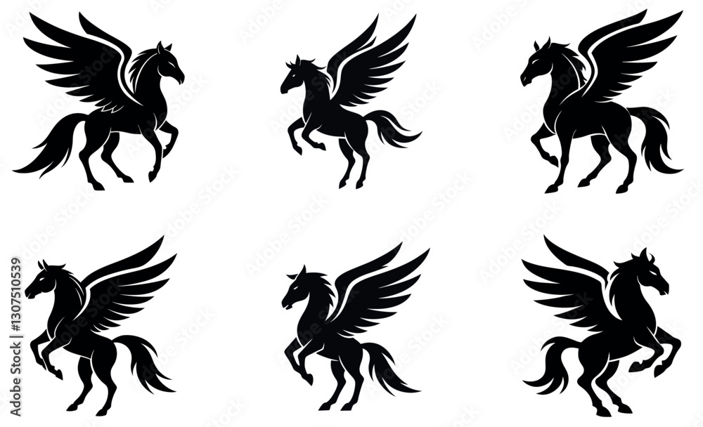Obraz premium This set of four black silhouettes depicts powerful Pegasus horses against a plain white background.