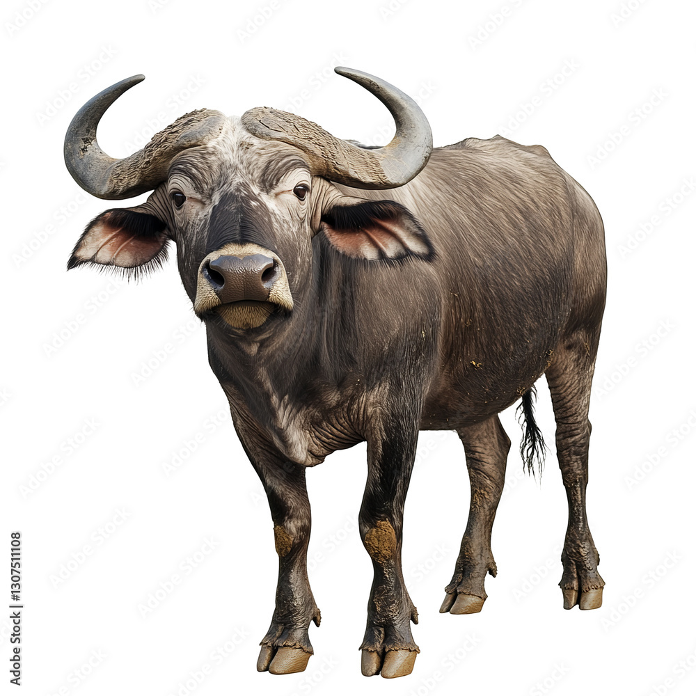 Powerful Cape Buffalo Staring Directly At The Camera, Isolated On Black. Wildlife Portrait Powerful Cape Buffalo Staring Directly At The Camera, Isolated On Black. Wildlife Portrait