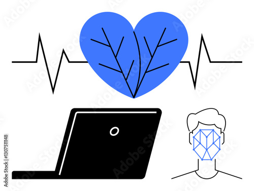 Heartbeat line with blue heart leaf, laptop symbolizing telehealth, and facial recognition grid on face. Ideal for medical technology, telemedicine, data security, remote monitoring, wellness