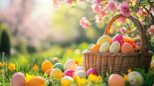 Easter picnic setup in a blooming garden, featuring a basket of eggs