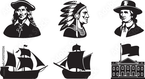Vector silhouettes of colonial men, Native American chief, historic sailing ships, and early American government building