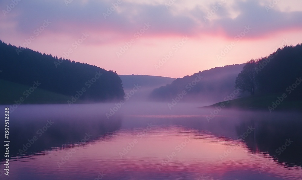 Fototapeta premium Serene dawn mist over tranquil lake reflecting vibrant sunrise