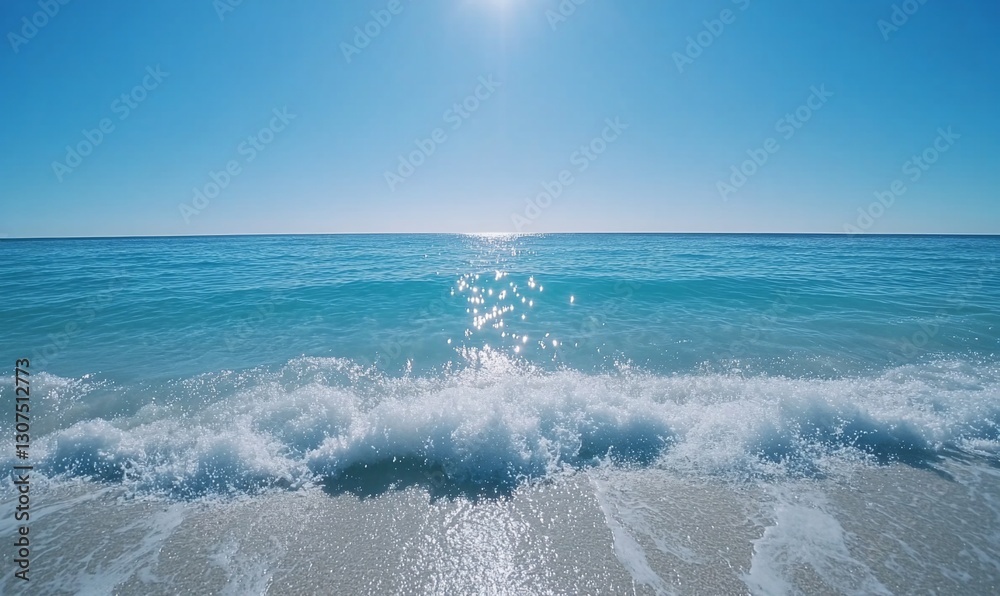 Fototapeta premium Serene ocean waves lapping a sandy shore under a bright sun